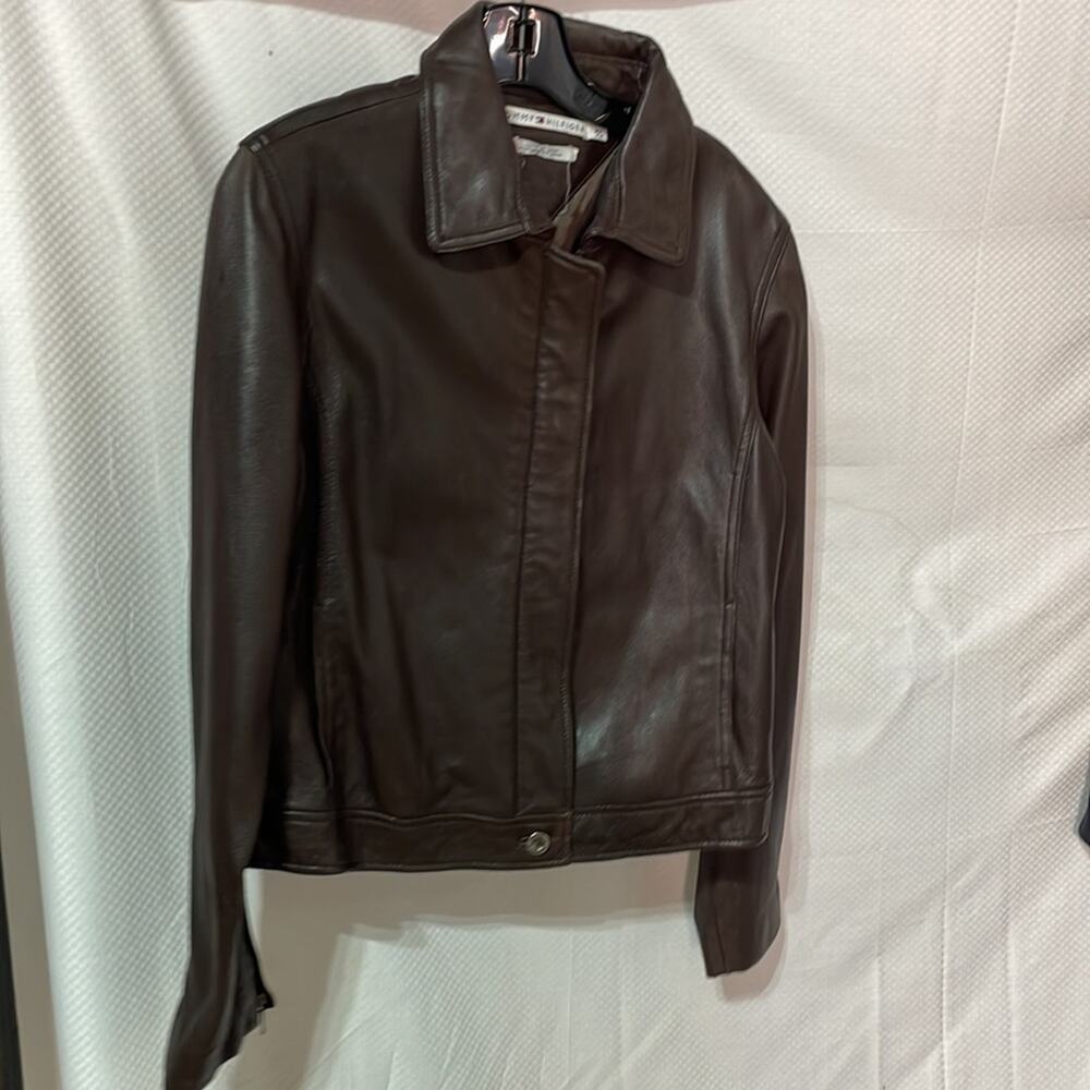 Tommy Hilfiger M brown 💯leather lined jacket euc adjustable waist cinch